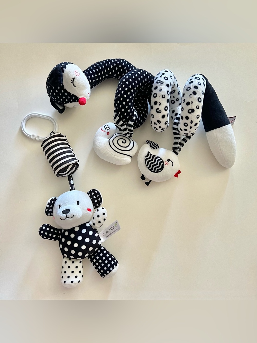 Bundle of 2 infant plush black and white toys / car seat baby toy & chime rattle
